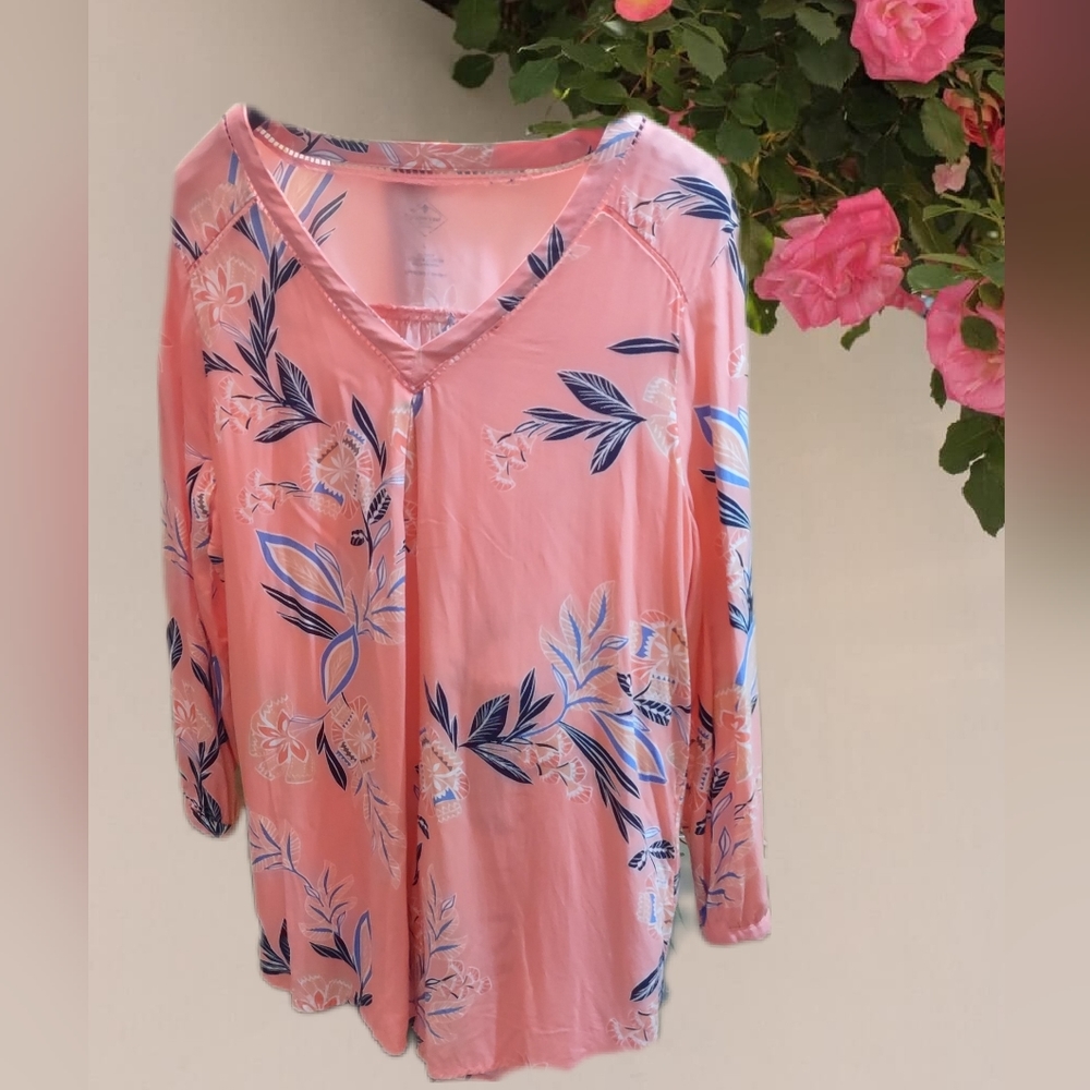Tropical Print Salmon Pink Blouse + FREE GIFT